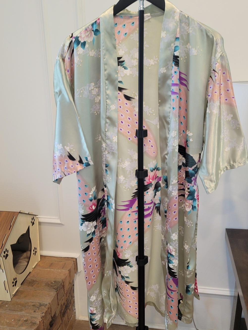 100% Silk Floral Kimono Robe in Sage Green and Pink